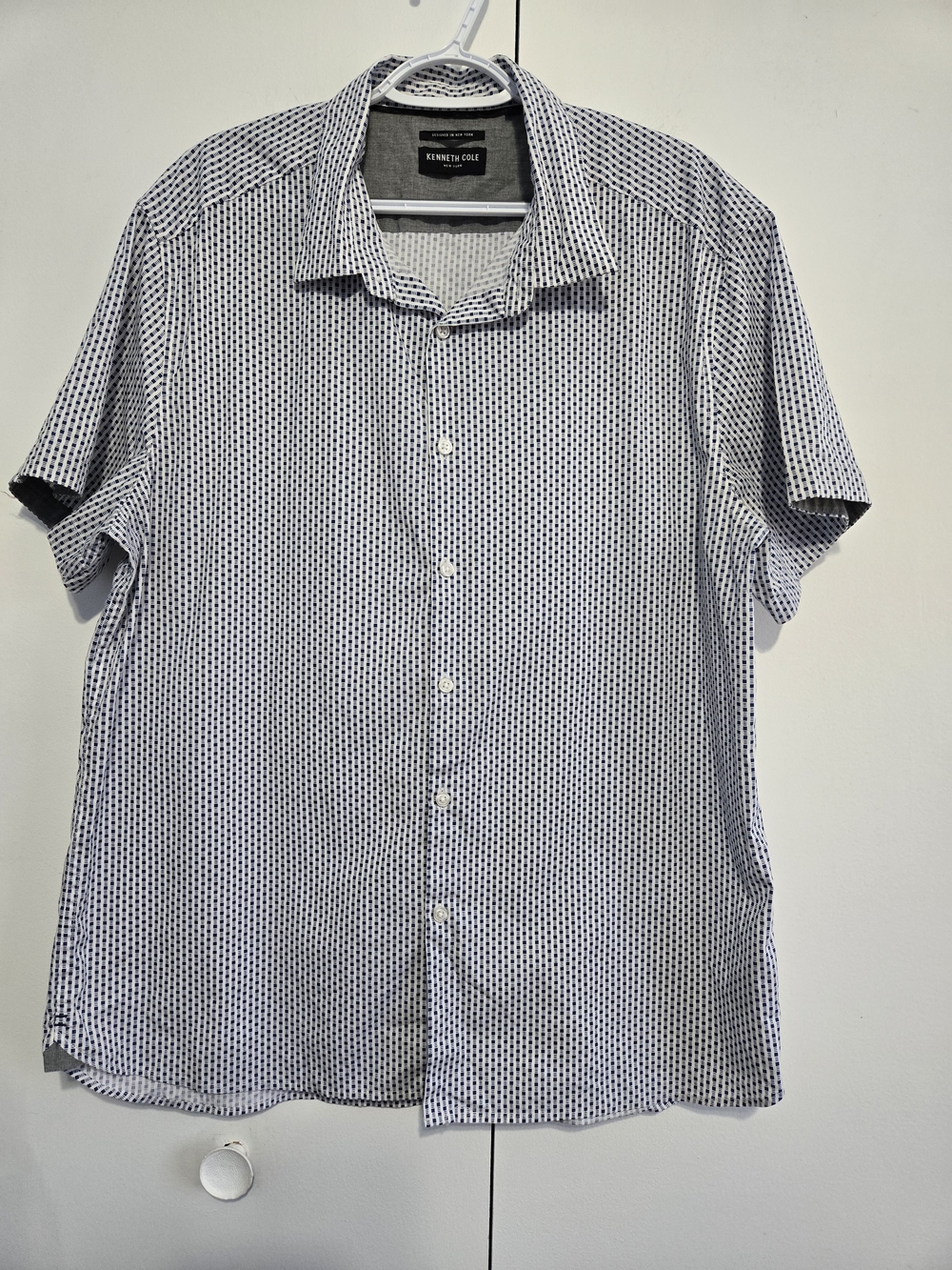 Kenneth Cole Mens Button Down Shirt XXL Blue White‎ Geometric Print Short Sleeve